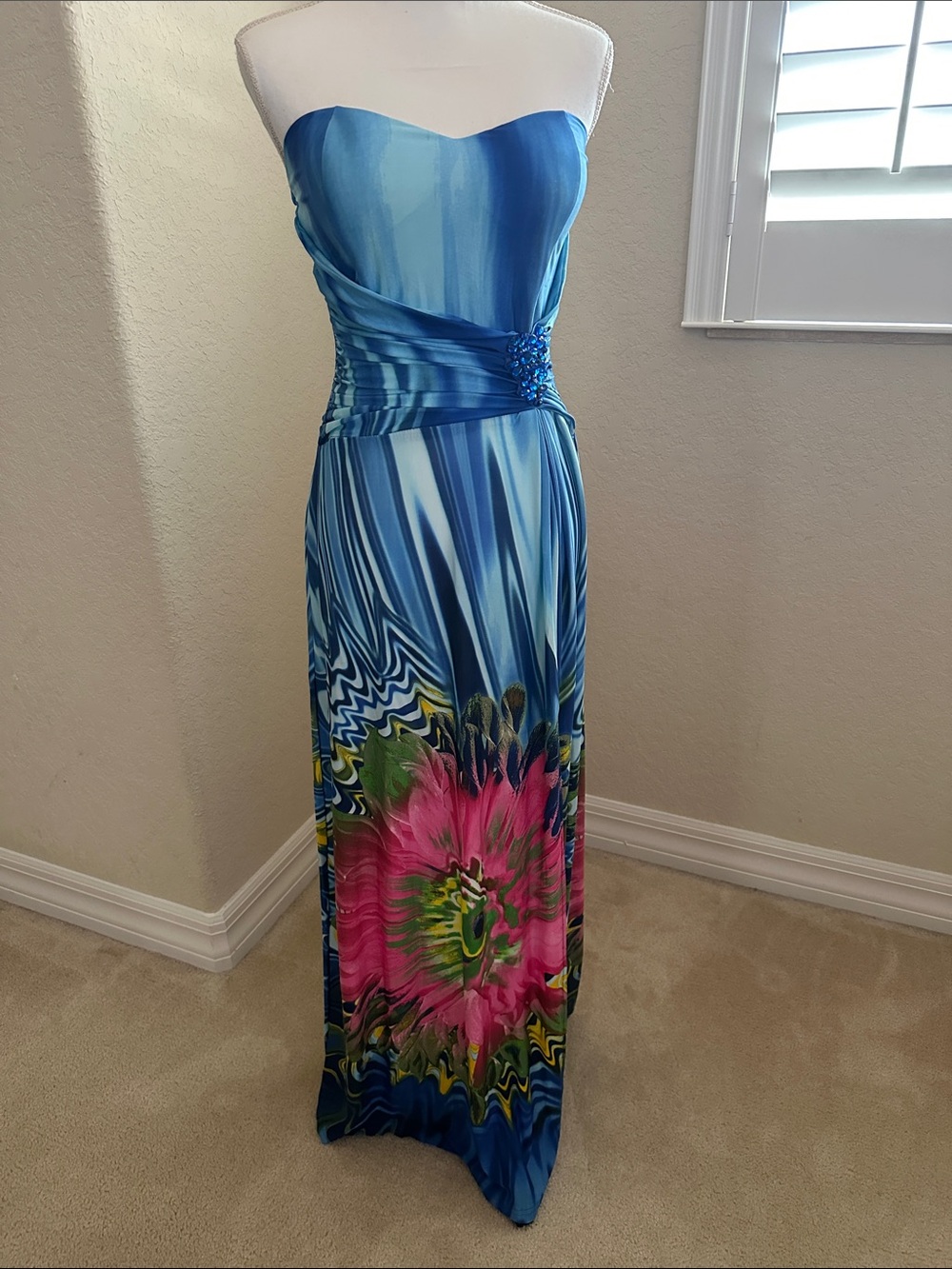 Strapless Blue Floral Maxi Dress Medium